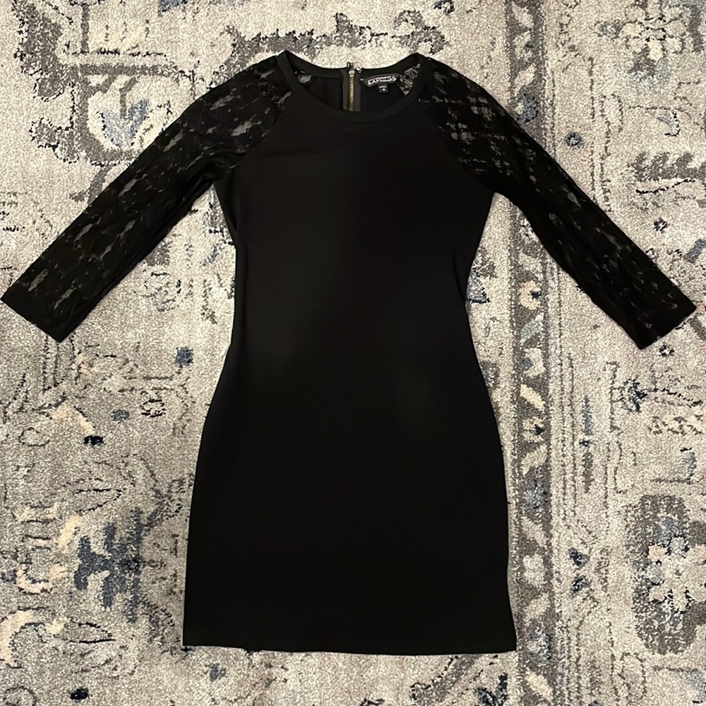 Express cotton body-con black dress with lace sleeves